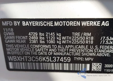 2019 BMW X1 xDrive28I из США, поврежденный, VIN WBXHT3C56K5L37459